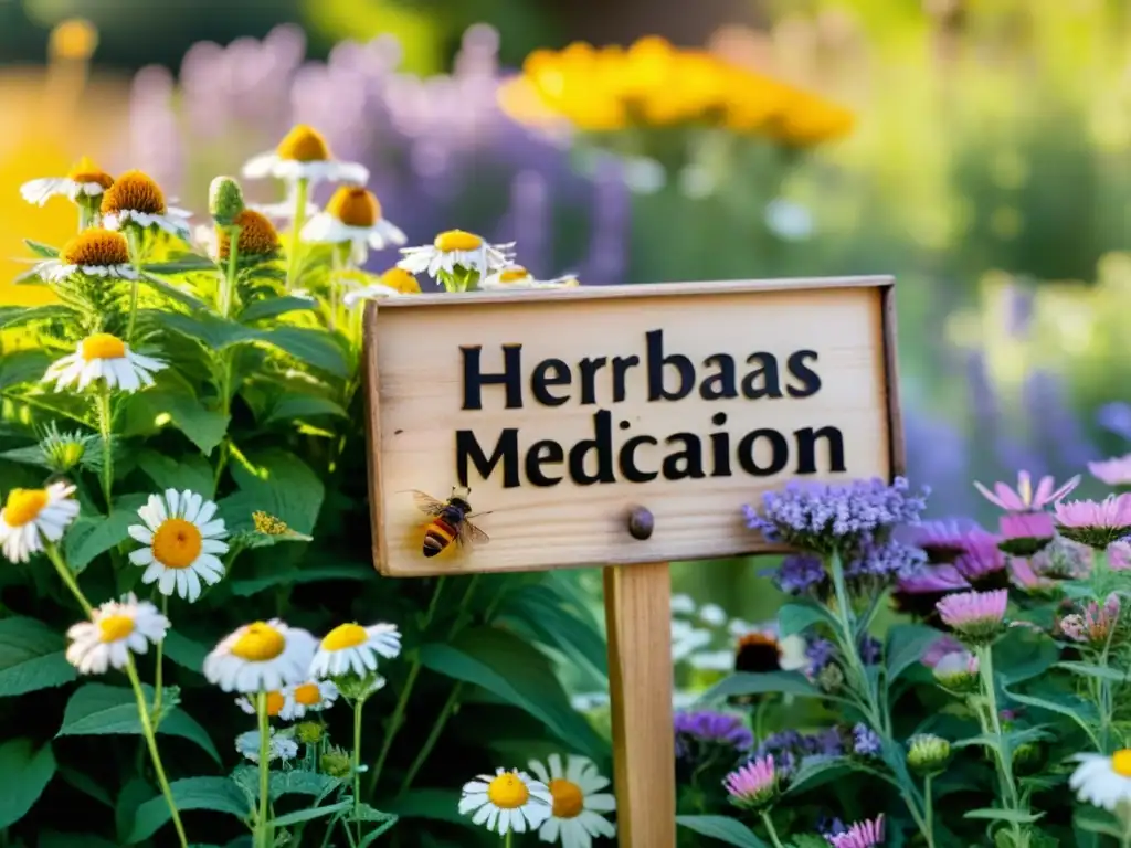 Un jardín de hierbas medicinales rebosante de vida y luz dorada, con plantas como lavanda, manzanilla, equinácea y menta