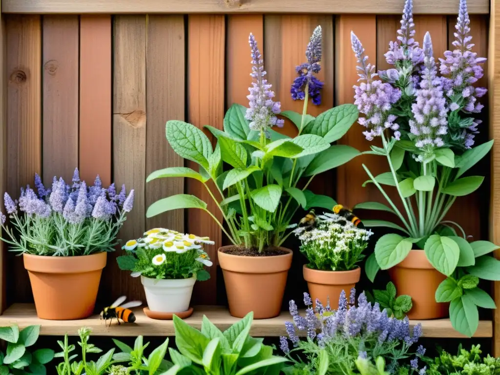 Un jardín de hierbas medicinales tradicionales, con lavanda, manzanilla y menta en tonos terrosos y vibrantes