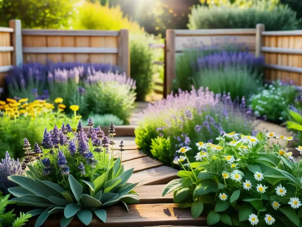 Un jardín de hierbas medicinales tradicionales, lleno de vida y color, rodeado de madera y piedra, bañado por suave luz solar