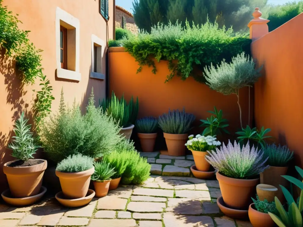 Un jardín de hierbas resistentes se adapta a la belleza natural del patio mediterráneo, creando una atmósfera tranquila y atemporal