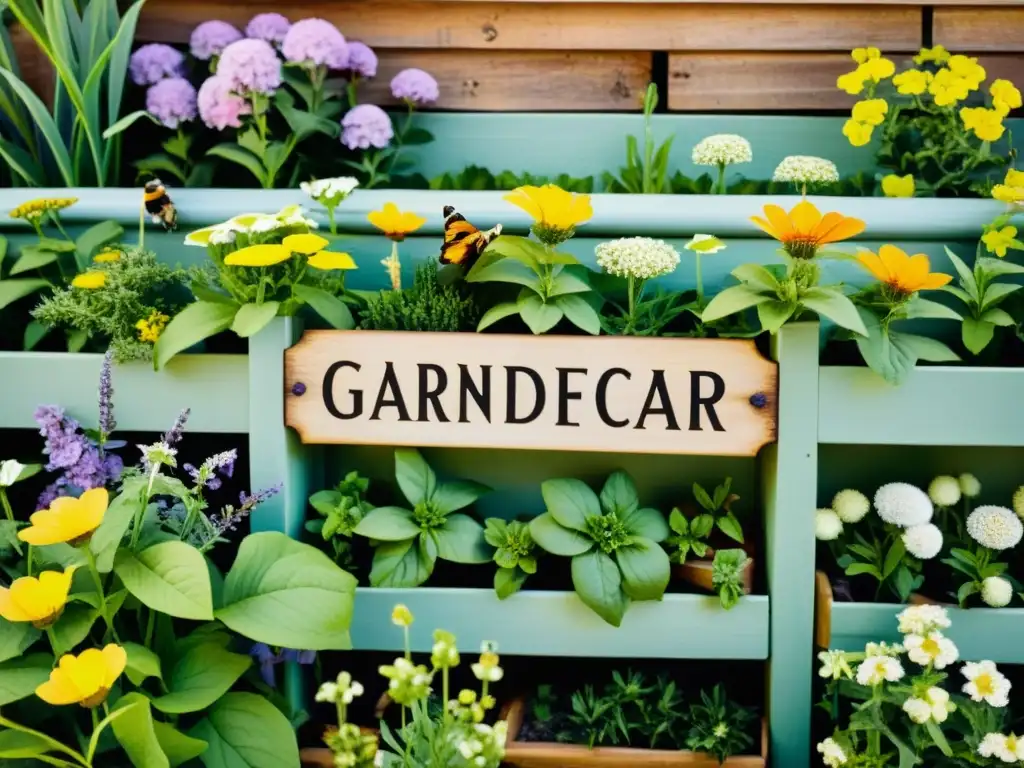 Un jardín de hierbas sereno y soleado, con plantas verdes y flores coloridas, evocando la nostalgia de un jardín de botica tradicional