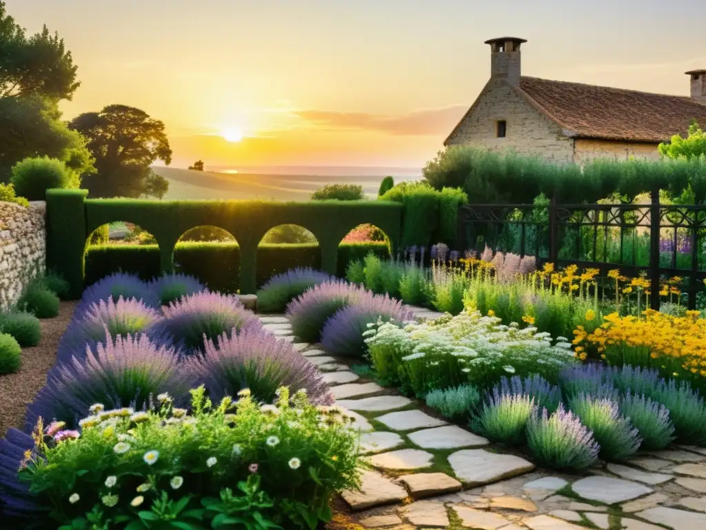 Un jardín de hierbas vintage en Europa con plantas medicinales tradicionales, rodeado de un encantador paisaje de piedra y hierro forjado