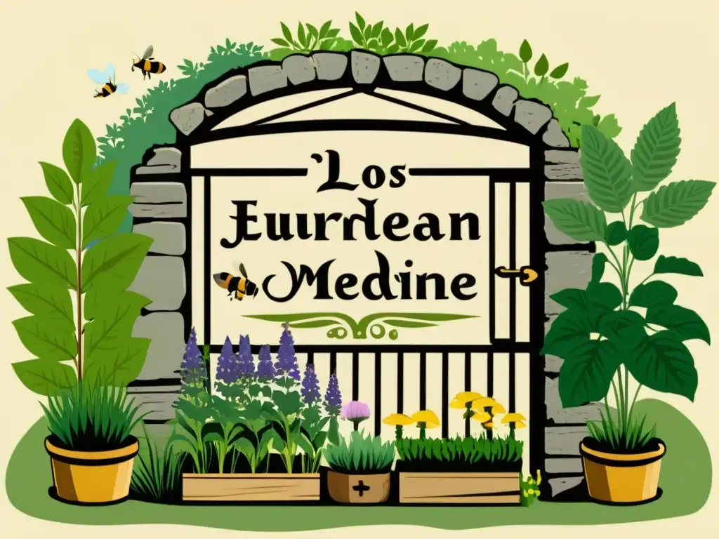 Un jardín de medicina herbal tradicional en Europa, con plantas medicinales, abejas y mariposas, bañado en luz dorada