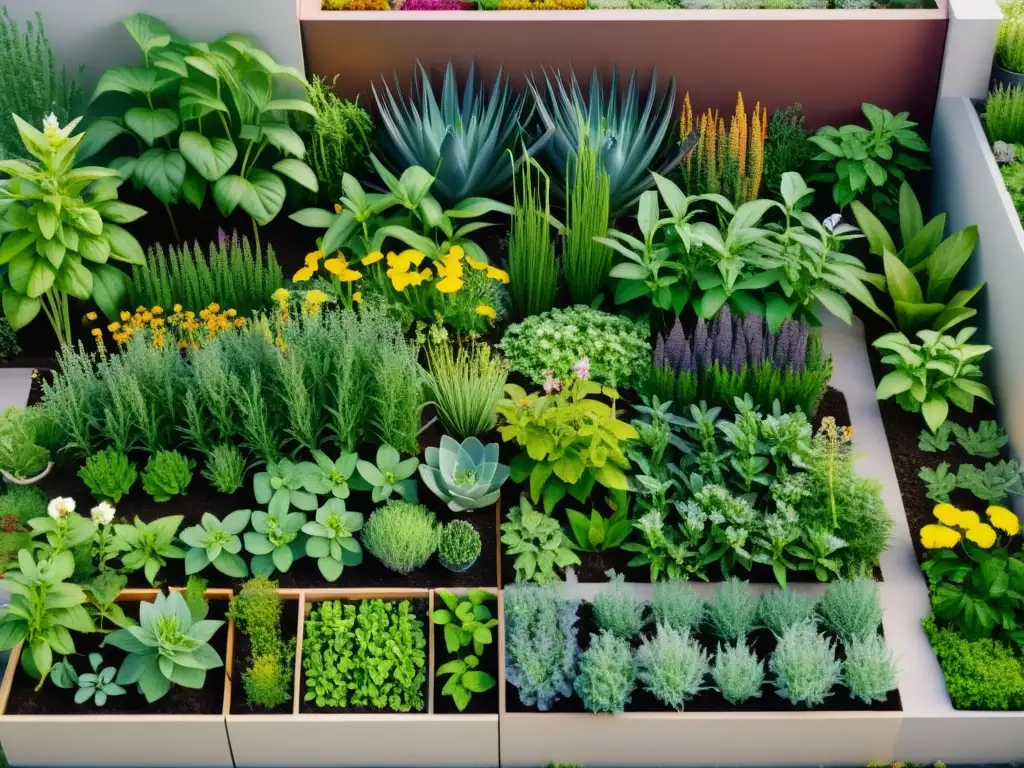 Un jardín de plantas medicinales contemporáneas, con una variedad de colores y detalles