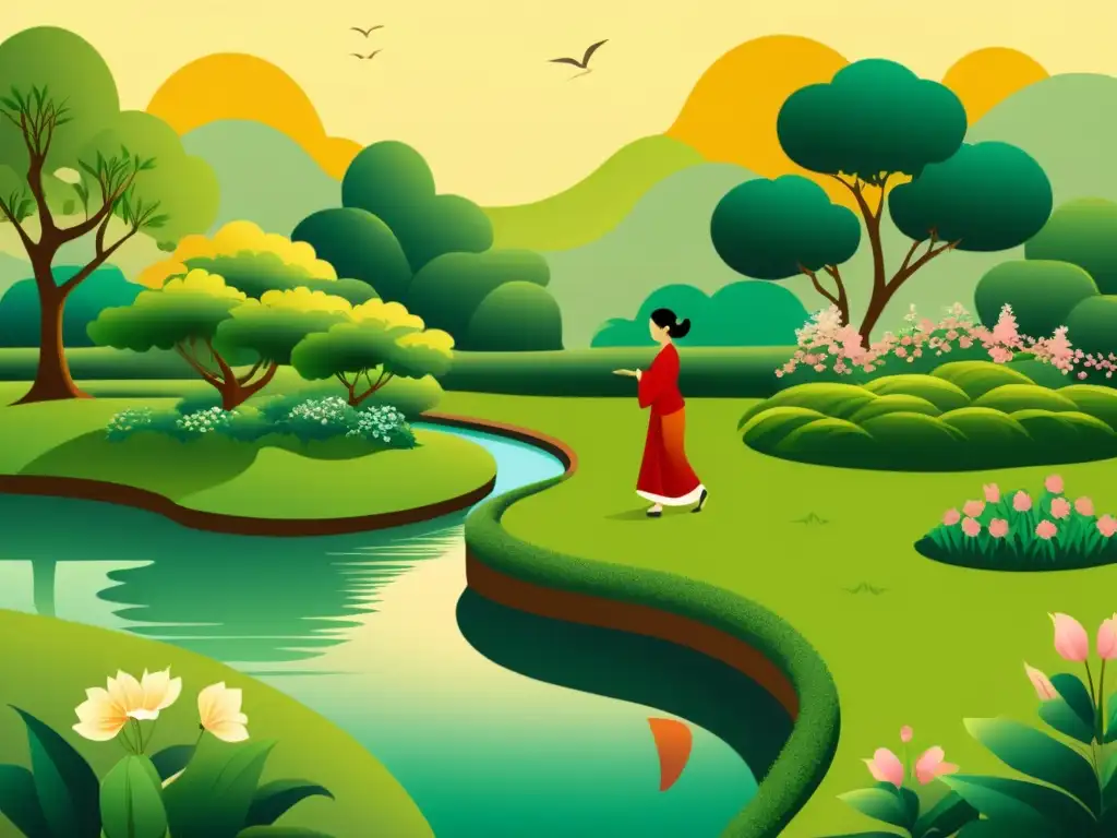 Qigong en el jardín: armonía y serenidad Un jardín sereno con un arroyo, rodeado de exuberante vegetación