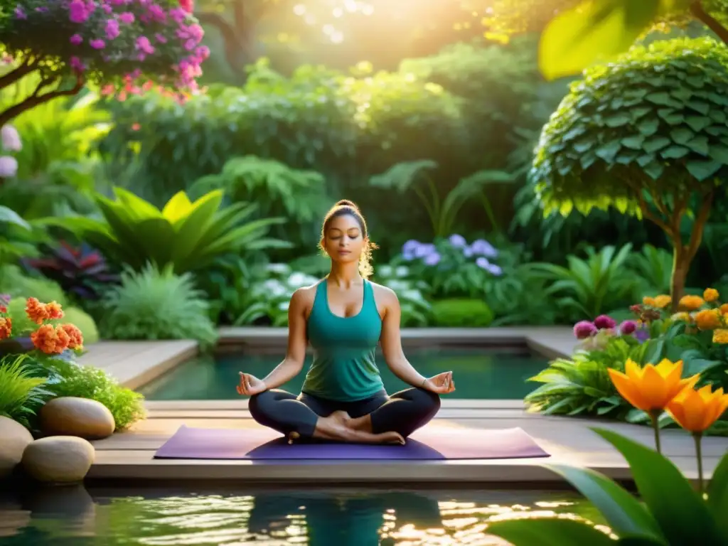 Un jardín sereno y exuberante con flores vibrantes, agua y una figura practicando yoga en un entorno natural