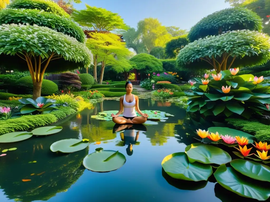 Un jardín sereno y exuberante con flores coloridas y una figura practicando yoga en medio