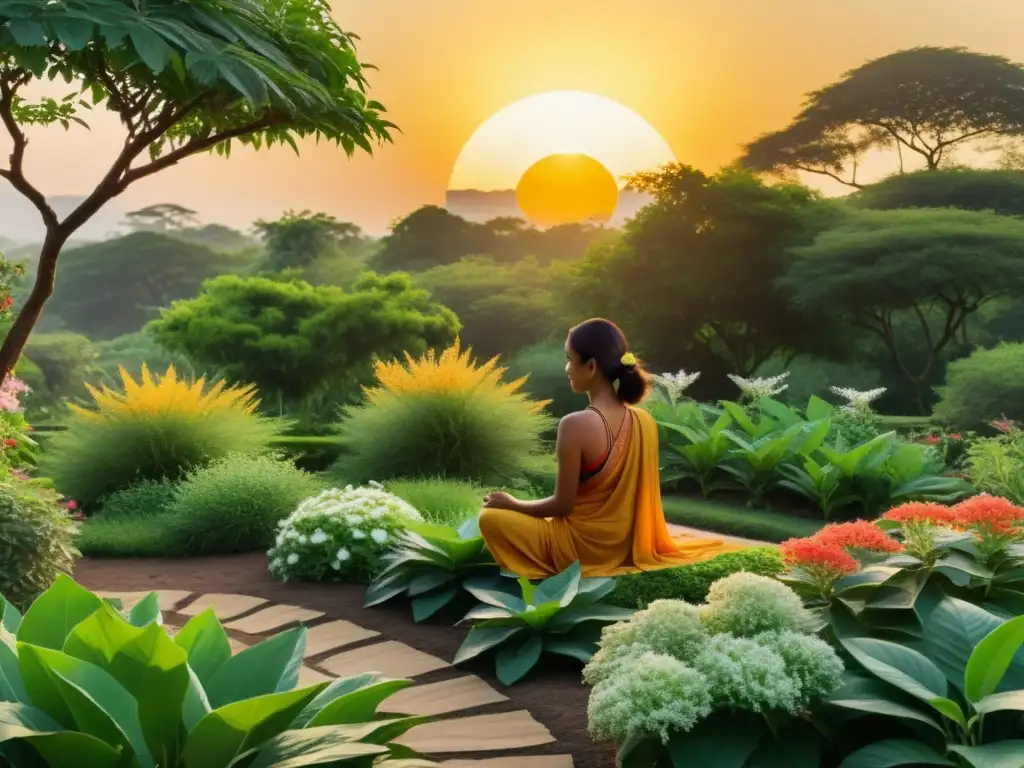 Un jardín sereno de la medicina Ayurveda, con plantas de Ashwagandha en flor bajo la cálida luz del atardecer