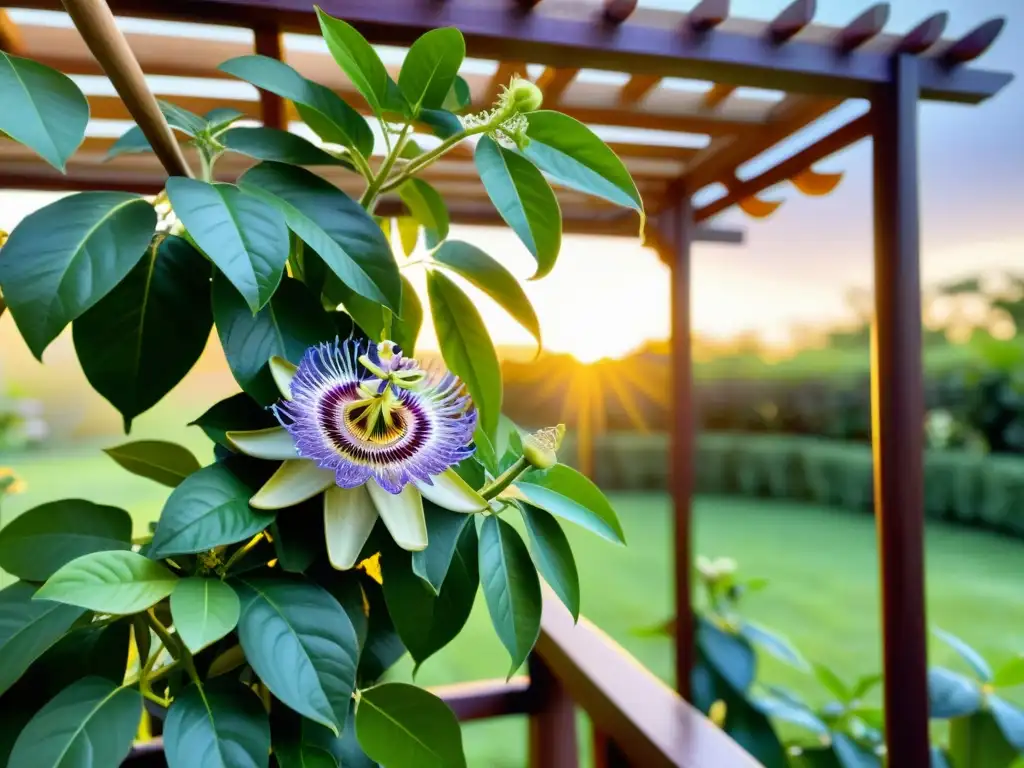 Un jardín sereno con pasifloras enredadas en una pérgola de madera, bañado por la suave luz del atardecer