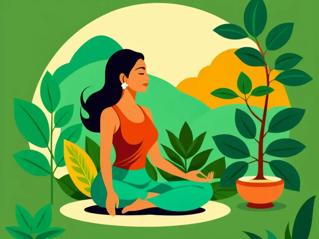 Un jardín sereno con plantas de Ashwagandha, un meditador en calma y una aura de energía, reflejando los beneficios de la medicina Ayurveda