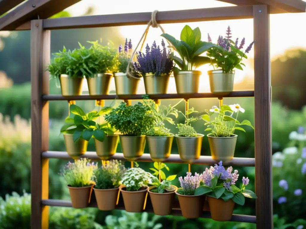 Jardinería vertical para cultivar hierbas: un encantador jardín de hierbas medicinales en macetas vintage, bañado por cálida luz dorada