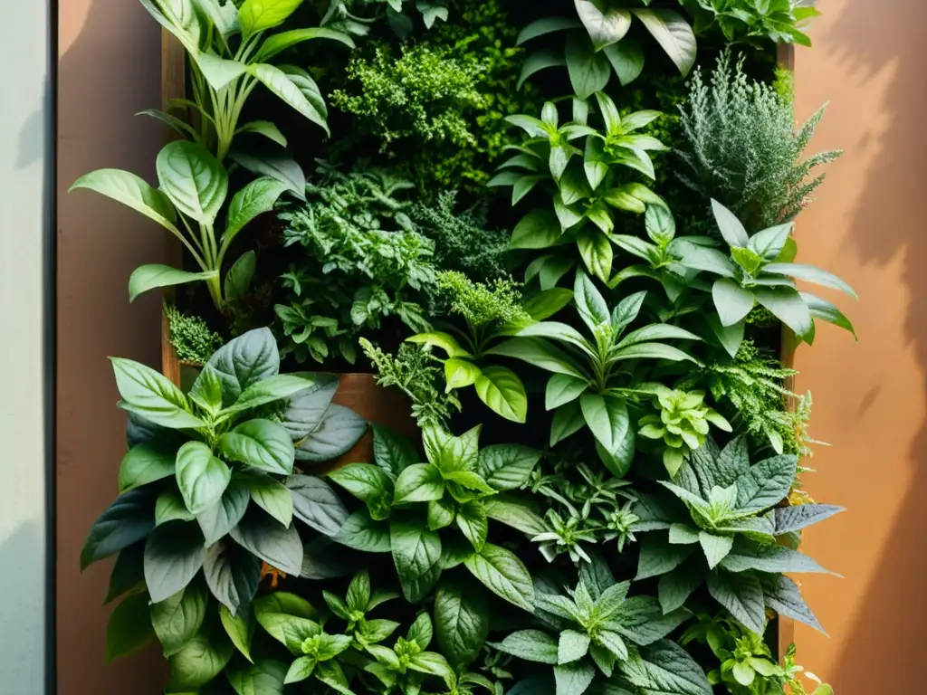 Jardinería vertical para cultivar hierbas: un muro vivo verde exuberante con plantas aromáticas como albahaca, menta y romero, bañado por cálida luz