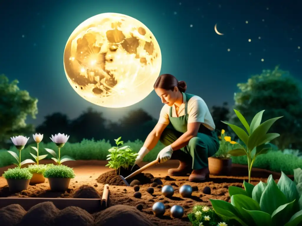 Un jardinero siembra según calendario lunar bajo la luz de la luna llena, rodeado de plantas iluminadas