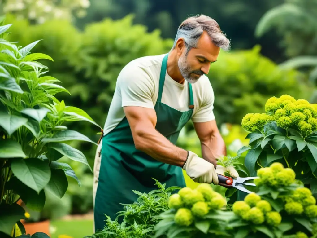 Un jardinero experto podando plantas medicinales en un jardín soleado, mostrando técnicas de poda para plantas medicinales con precisión y sabiduría