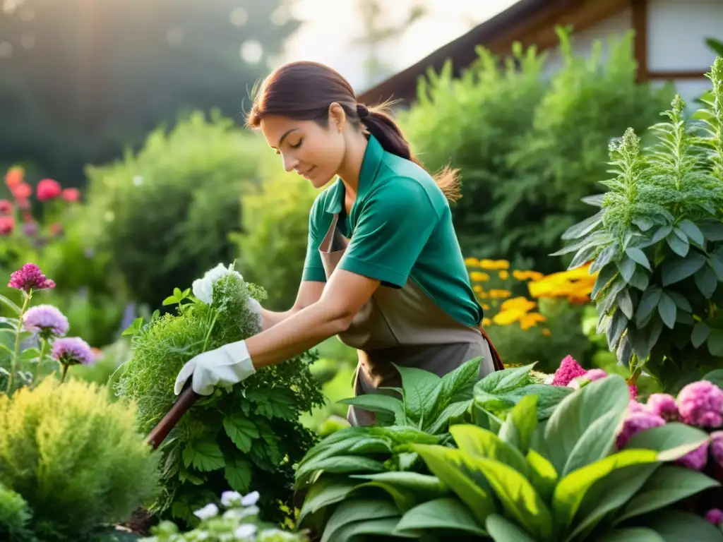 Un jardinero experto podando plantas medicinales con técnicas precisas en un entorno rústico y acogedor