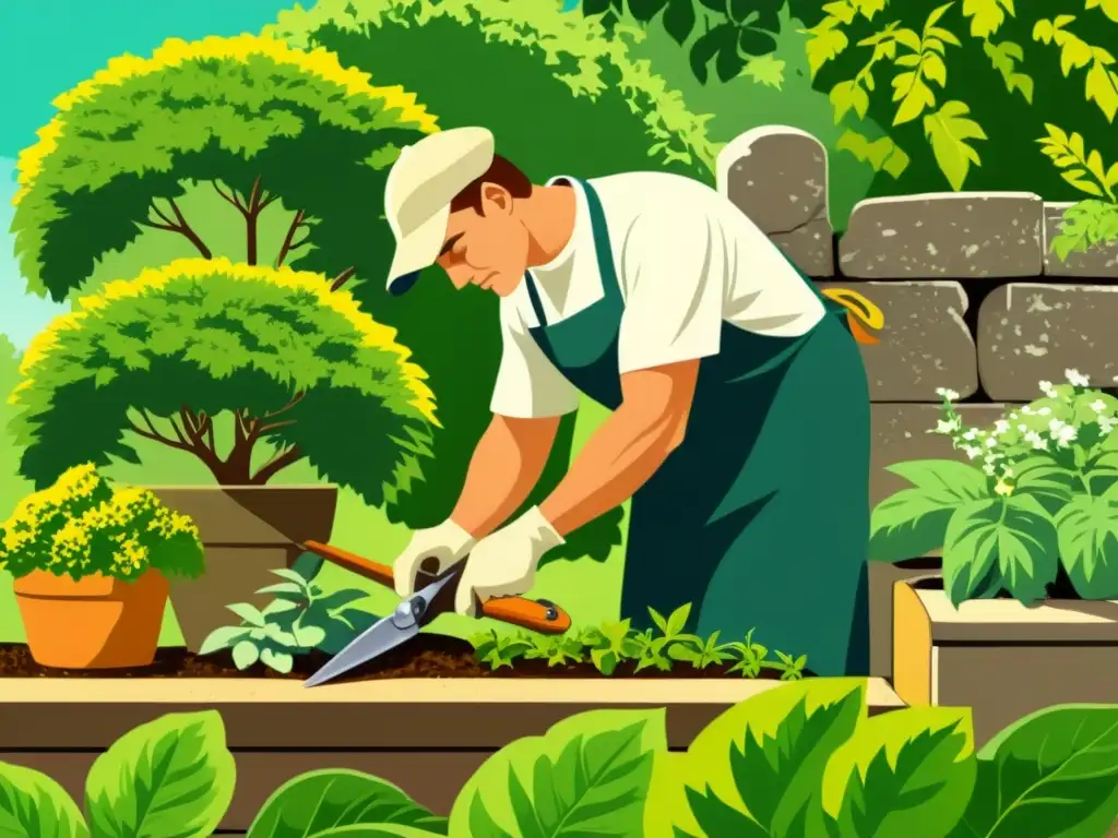 Un hábil jardinero podando plantas medicinales con técnicas tradicionales en un jardín bien cuidado