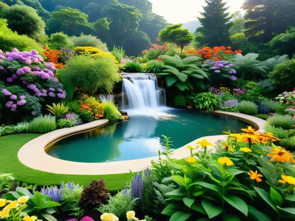 Jardines medicinales del mundo: Jardín exuberante con plantas medicinales vibrantes, cascada serena y vida silvestre colorida