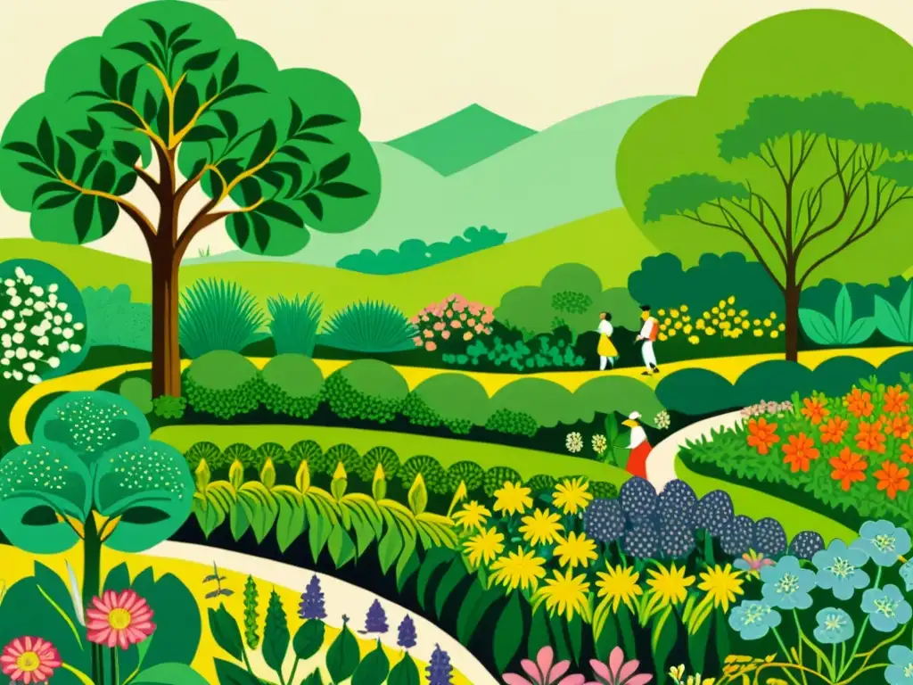 Una ilustración vintage de jardines medicinales del mundo, llenos de plantas medicinales exuberantes y personas recolectando hierbas