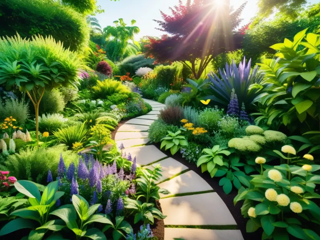 Jardines de plantas curativas: Un exuberante jardín lleno de plantas medicinales, bañado por la luz del sol y visitado por abejas y mariposas