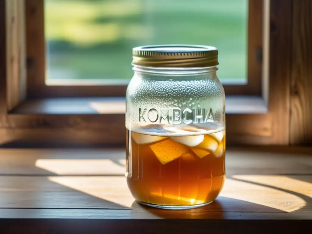 Una jarra de kombucha casera en una mesa de madera rústica iluminada por luz natural