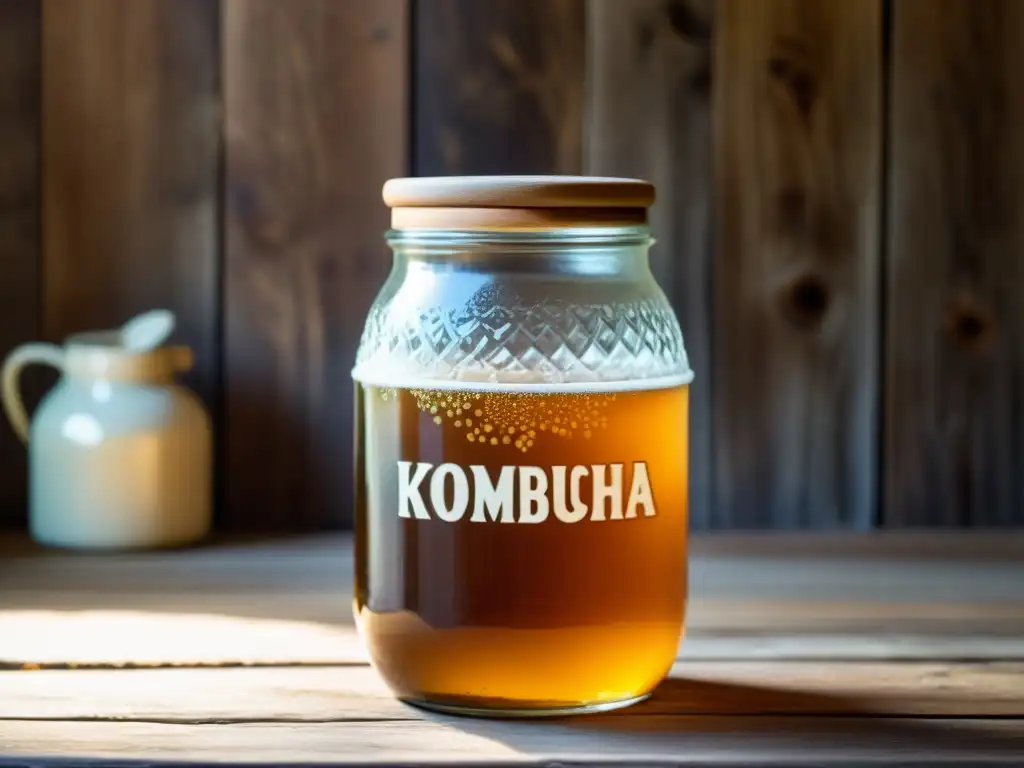 Jarra de cerámica vintage con kombucha casera, burbujeante y ámbar, en mesa rústica