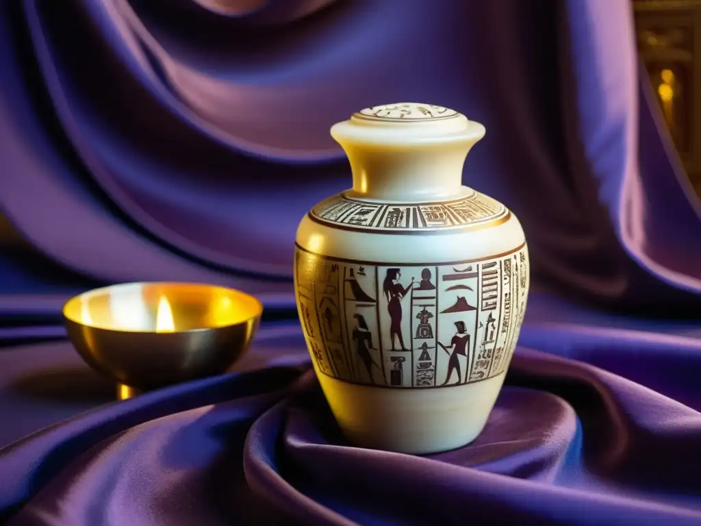 Jarra de perfume egipcio antiguo sobre seda morada, evocando la opulencia de Cleopatra