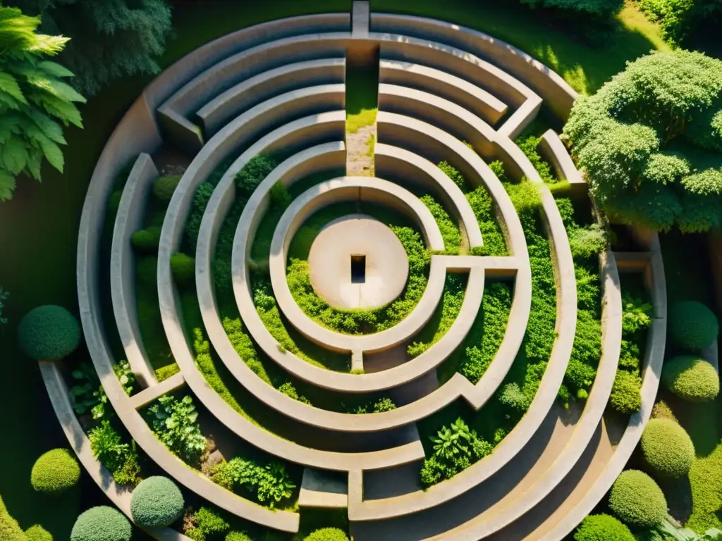 Un laberinto de piedra cubierto de musgo en un entorno natural, bañado por la luz del sol