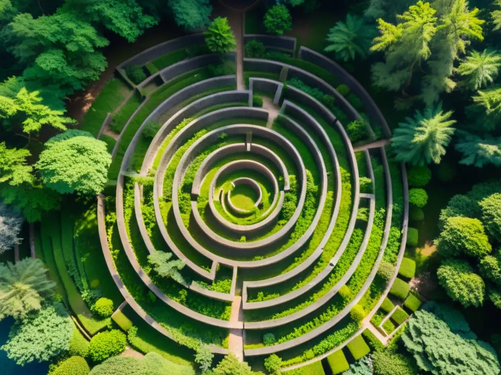 Laberintos como camino de sanación: vista aérea de un antiguo laberinto entre bosques, con senderos de piedra y luz filtrada entre el follaje