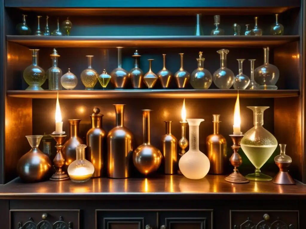 Un laboratorio alquímico antiguo iluminado por velas, con vidriería intrincada y ingredientes misteriosos, evocando la exploración alquímica