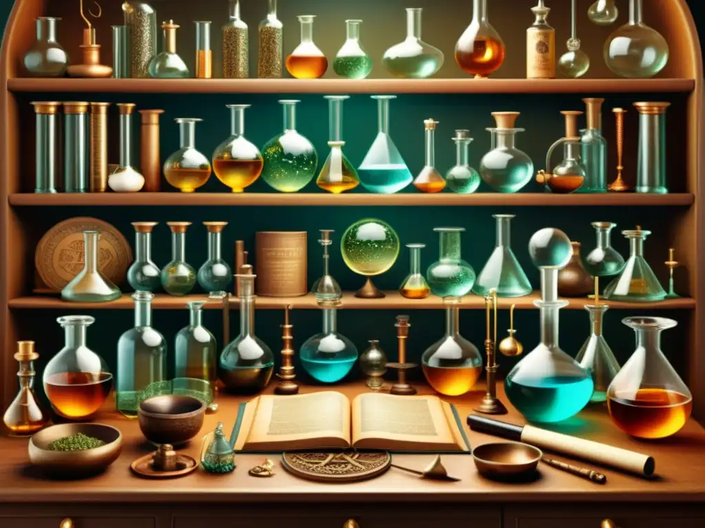 Lab alquimista con elementos antiguos Un laboratorio alquímico detallado con vidriería intrincada, manuscritos antiguos y elementos simbolizando tierra, aire, fuego y agua