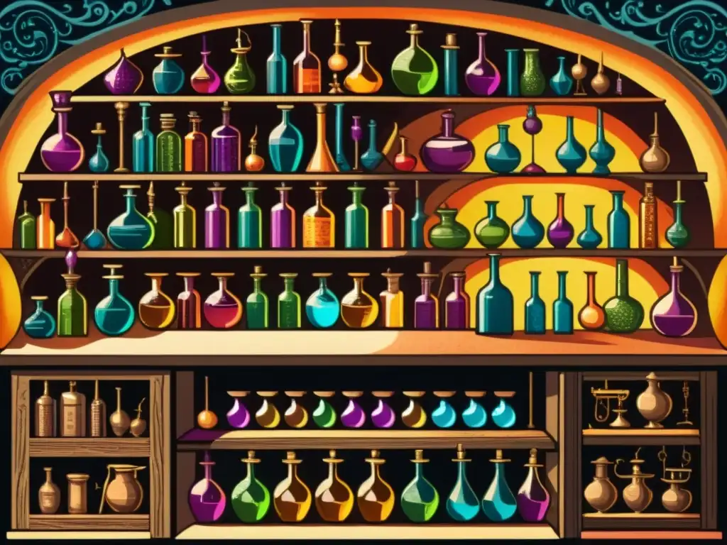 Laboratorio alquímico renacentista: misterio y sabiduría ancestral En el laboratorio de un alquimista renacentista, brillan botellas de líquidos coloridos y un alambique de cobre burbujea con misteriosas pócimas