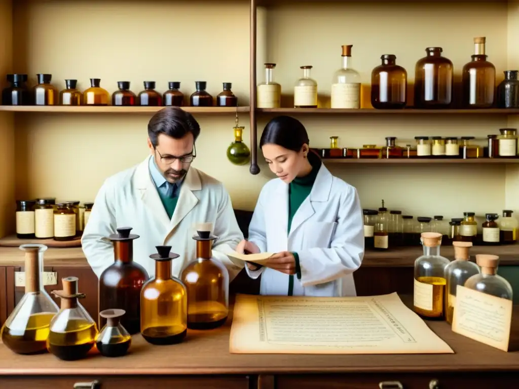 Ilustración vintage de un laboratorio con científicos en batas blancas, investigando compuestos de berberina, validando su uso en medicina tradicional