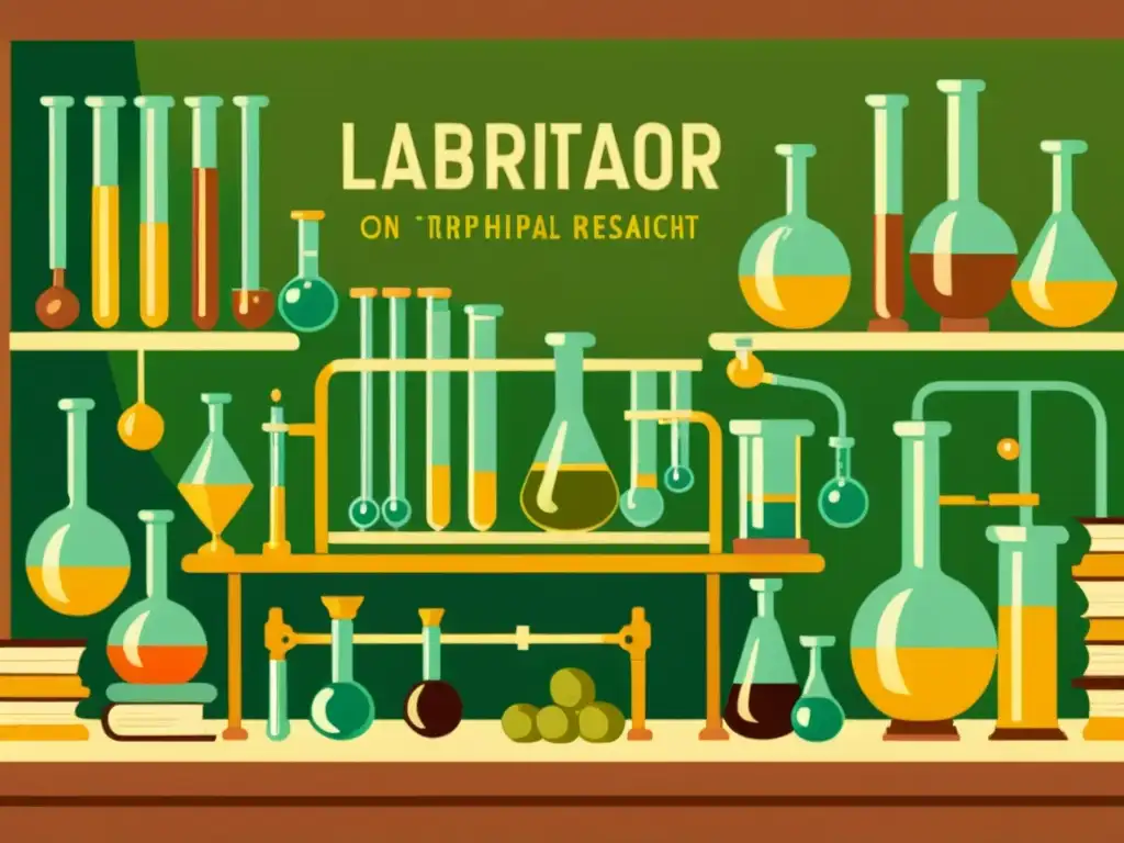 Un laboratorio vintage con científicos investigando la fórmula Triphala, evocando sabiduría ancestral y exploración científica