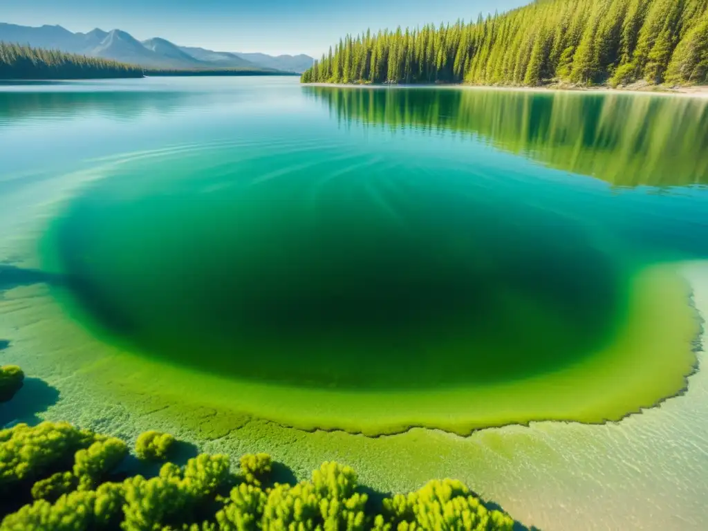 Un lago soleado con espirulina verde vibrante debajo del agua cristalina