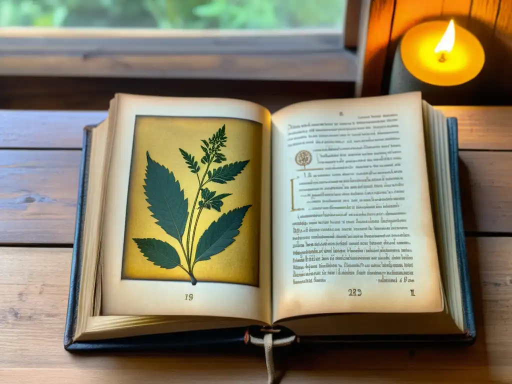 Libro antiguo de medicina con ilustraciones de plantas medicinales y ancianos indígenas compartiendo sabiduría ancestral