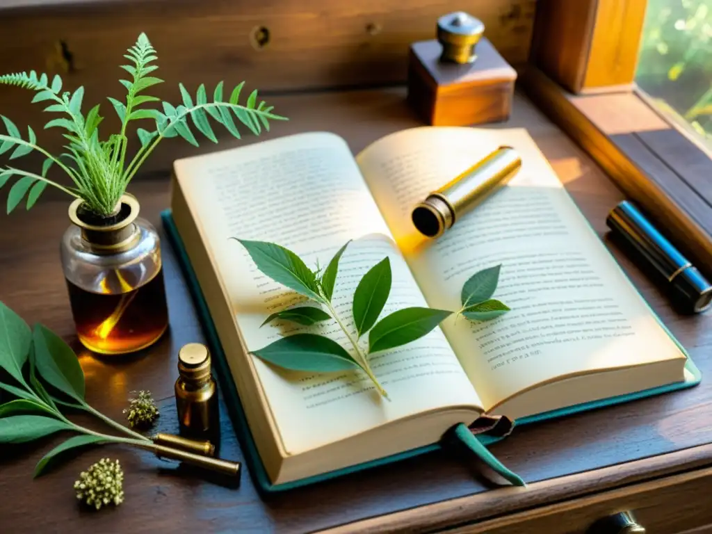 Libro antiguo con notas de plantas medicinales y microscopio vintage sobre mesa de madera, en una cálida luz de ventana