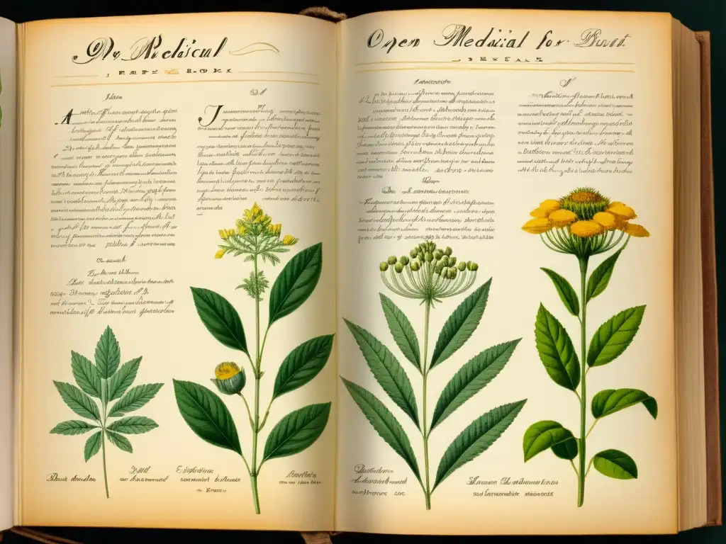 Libro botánico vintage abierto, detalladas ilustraciones de plantas medicinales urbanas, notas manuscritas, luz cálida y nostálgica sabiduría