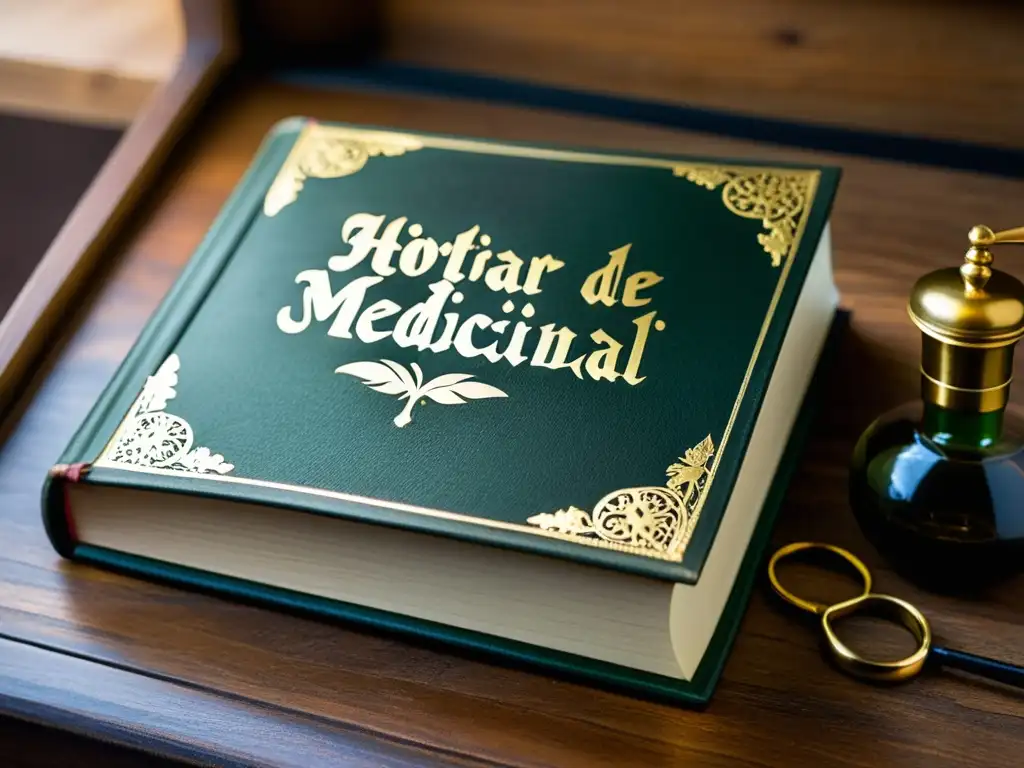 Un libro de cuero desgastado con detalles dorados y el título 'Historia de la Medicina Tradicional', rodeado de instrumentos médicos antiguos