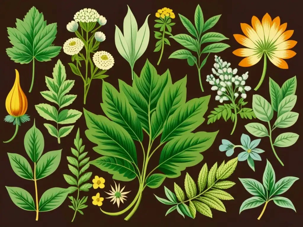 Un jardín botánico vintage lleno de plantas medicinales, con detalles intrincados en tonos cálidos y evocando conocimiento herbal