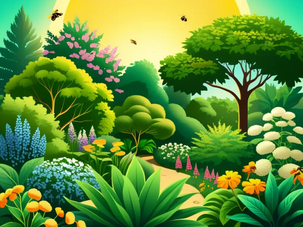 Un jardín botánico lleno de vida y color, con plantas medicinales en plena floración