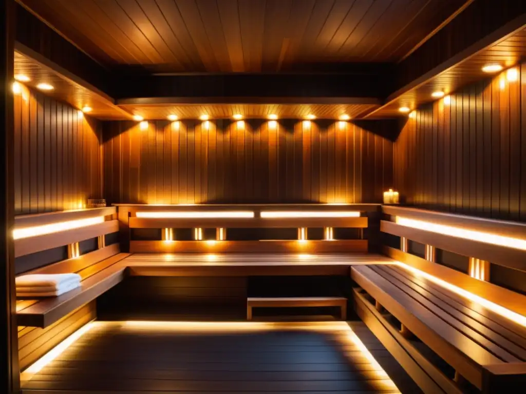 Un lujoso sauna vintage con paneles de madera oscura y suave iluminación cálida