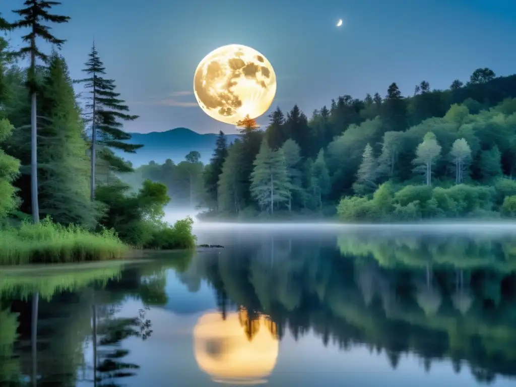 Tranquilidad lunar en el bosque: un reflejo místico Bajo la luna llena, un bosque misterioso brilla en plata, creando un escenario perfecto para rituales de sanación emocional