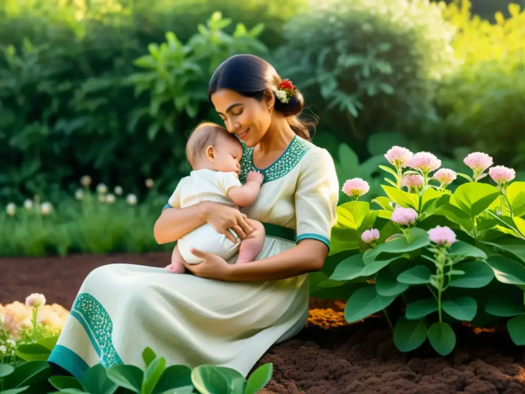 Una madre amamantando a su bebé en un jardín tranquilo, rodeada de plantas de fenogreco en flor, mientras es observada por una sabia figura de abuela