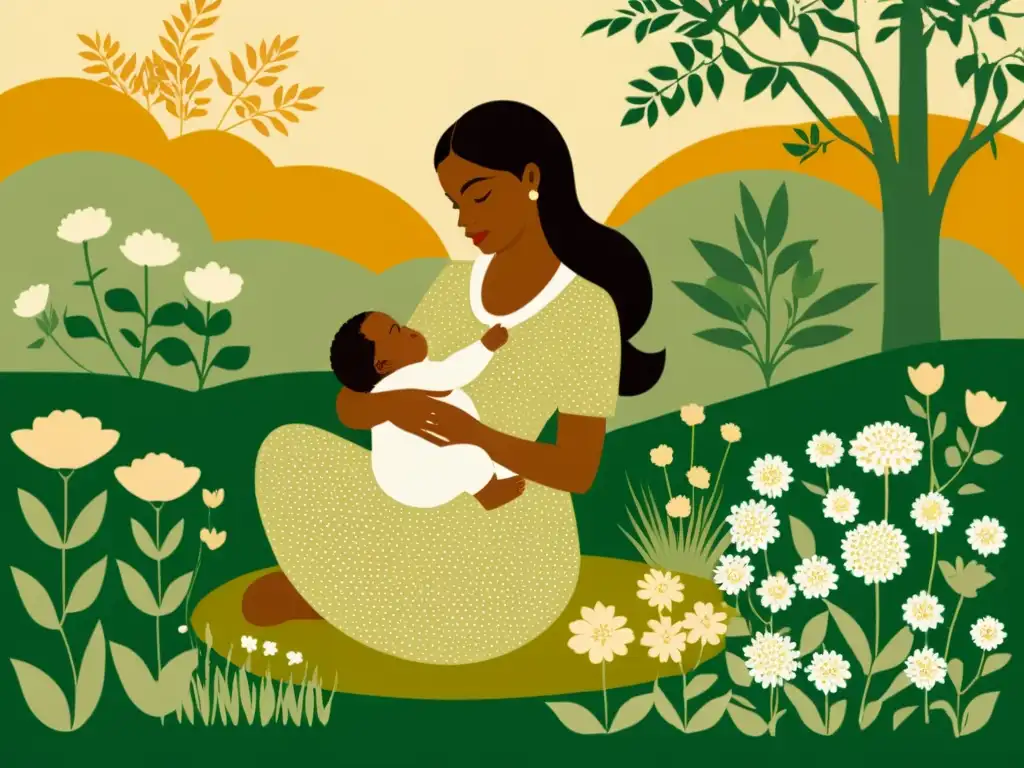 Ilustración vintage de una madre amamantando a su bebé en un jardín tranquilo rodeado de plantas de fenogreco en flor