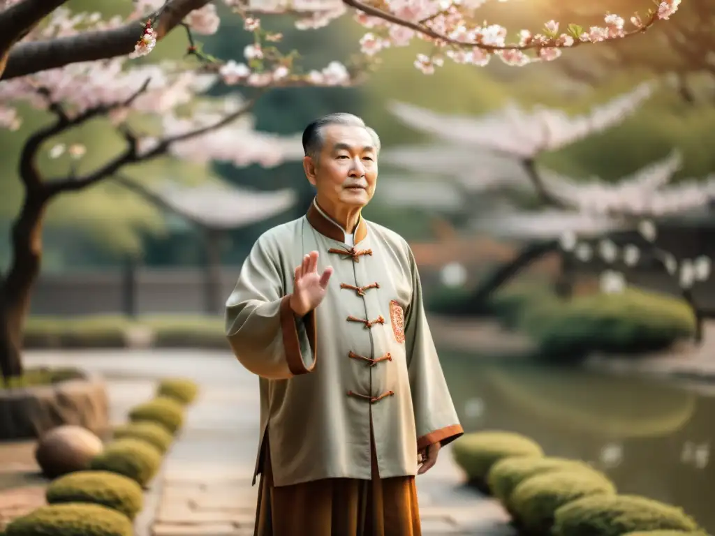 Un maestro de Qi Gong anciano realiza movimientos fluidos con serenidad en un jardín de cerezos en flor