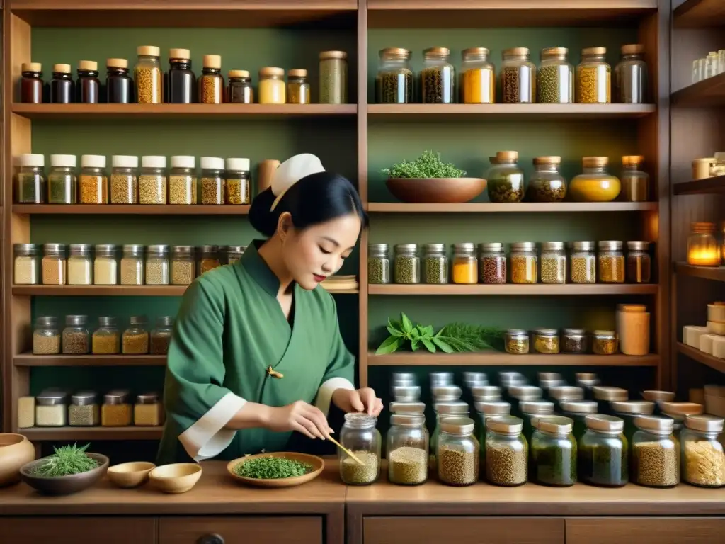 Un maestro de la medicina china prepara remedios herbales en una antigua apoteca, evocando la sabiduría ancestral y la meticulosidad en la prevención de enfermedades en medicina china