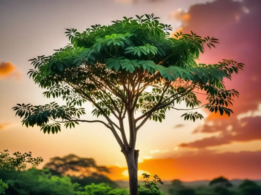 Un majestuoso árbol de moringa se destaca contra un vibrante atardecer, evocando salud y bienestar