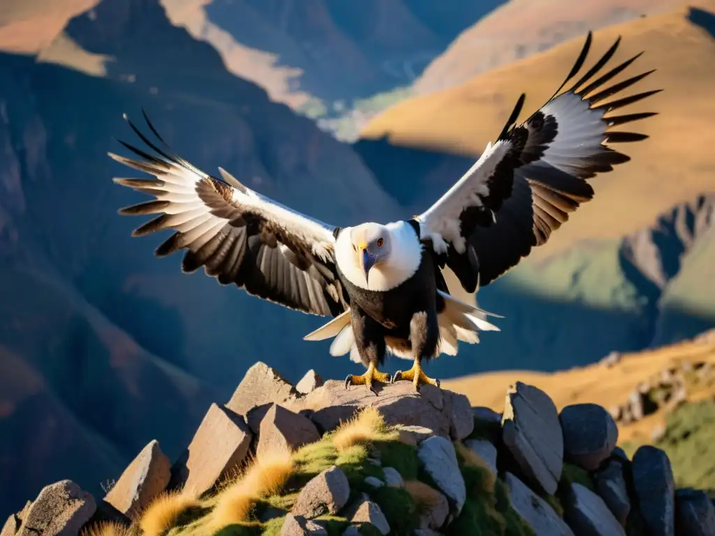 Un majestuoso cóndor andino observando el horizonte en el atardecer, destacando su papel en medicina simbólica