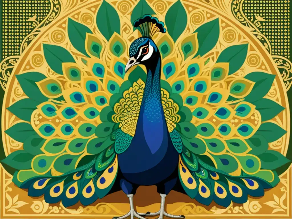 Un majestuoso pavo real en un fondo de patrones islámicos, representando la belleza y la inmortalidad en la medicina islámica