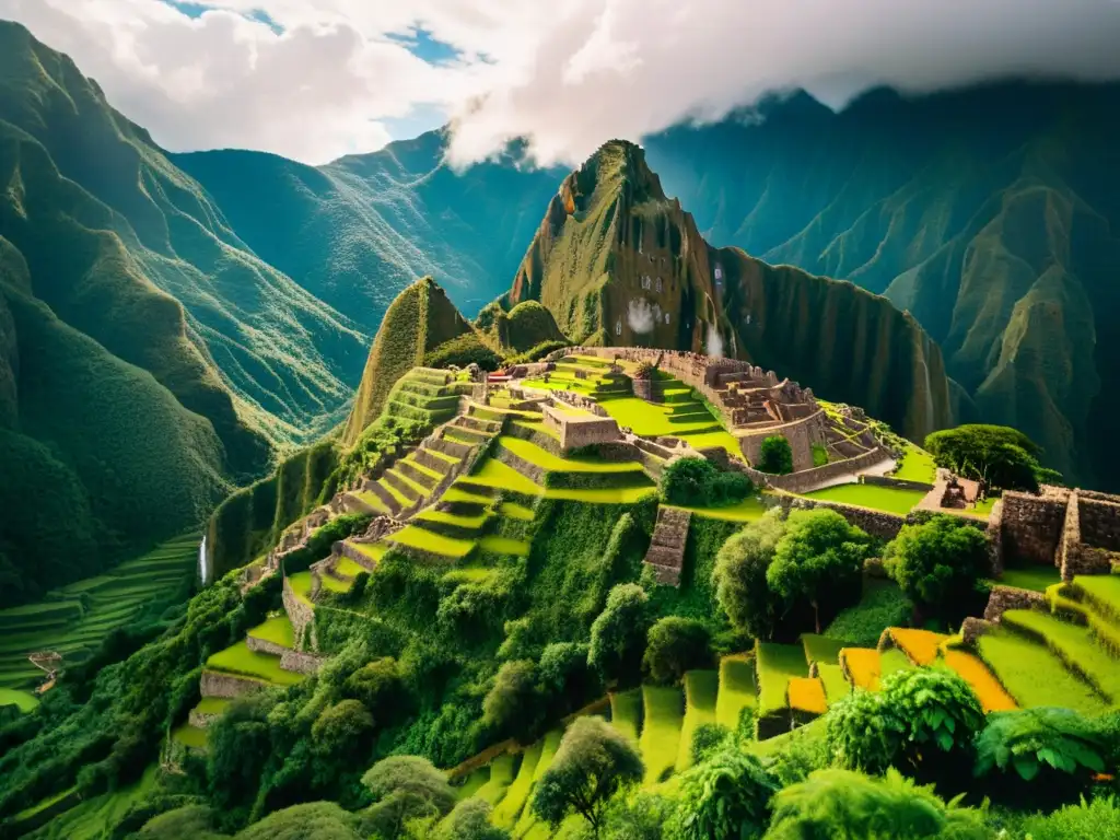 Un majestuoso templo inca en los Andes, iluminado por la cálida luz del sol